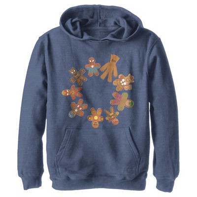 Boy's Marvel Christmas Gingerbread Cookie Circle Pull Over Hoodie - Navy  Blue Heather - Large