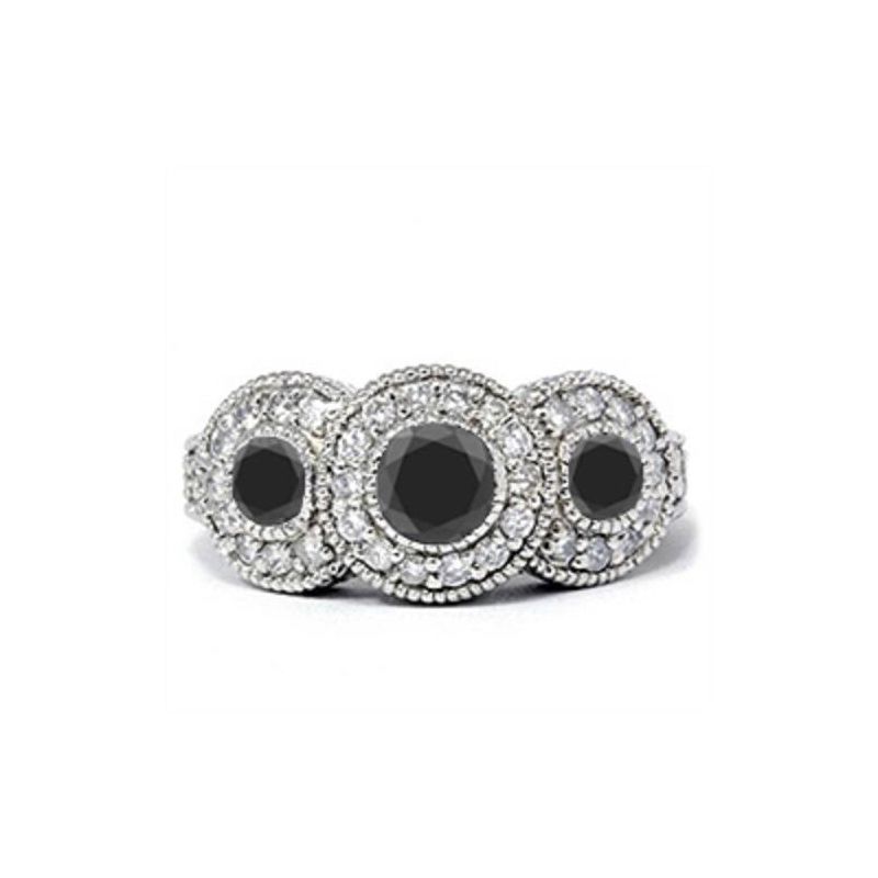 Pompeii3 1 1/2ct Vintage Black Diamond 3-Stone Ring 14k White Gold, 3 of 6