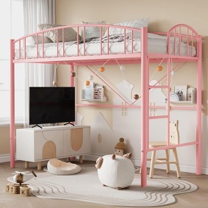 Twin Size Loft Bed with Stairs & Arched Guardrail - Sturdy Metal Slats, Space Saving, Noise Free, No Box Spring, Ideal for Kid Room & Dorm, Black - 1 of 4