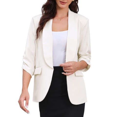 INSPIRE CHIC Women's Work Shawl Collar Ruched 3/4 Sleeves Open Front with Pockets Blazer Small Cream White