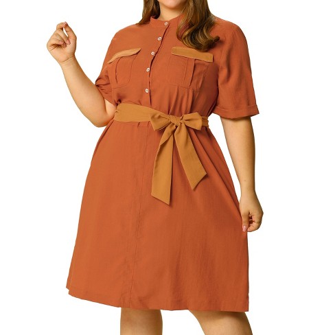 Agnes Orinda Women's Plus Size Belted Waist Button Down Work Dress Orange 2X