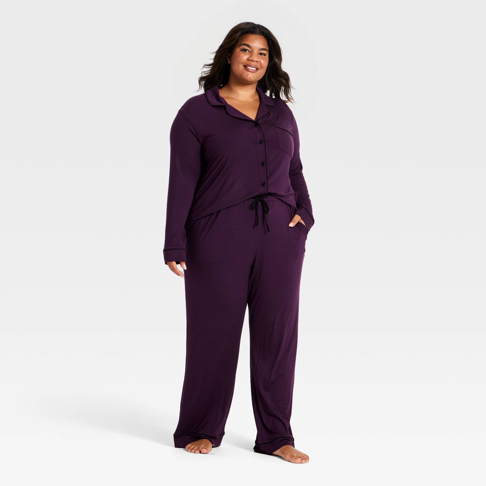 Women's Cloud Knit Modal Long Sleeve Notch Collar Top and Pants Pajama Set - Auden™