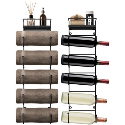 Black Wall Mounted 5-Tier Metal Towel Rack with Wood Shelf