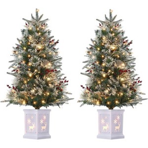 Pre Lit Artificial Christmas Trees with 78 Warm White Lights (Timetable), White Lamp Base, Snow Flocked Xmas Tree - 1 of 4
