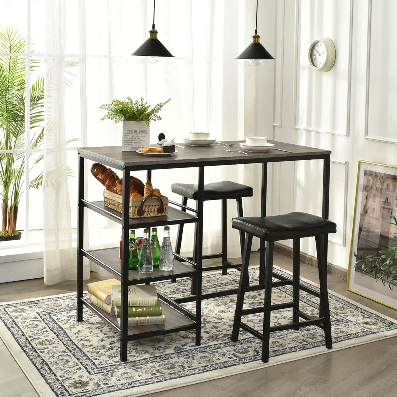 Tangkula 3PC Dining Table Set Pub Bar Table Set 3 Tier Storage Shelves with 2 Pub Stools Upholstered, 3 of 10