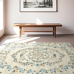Insect Botanical Washable Rugs for Living Room Non Slip Low Pile Modern Floral Printed Accent Rug Stain Resistant Indoor Carpet - 1 of 4