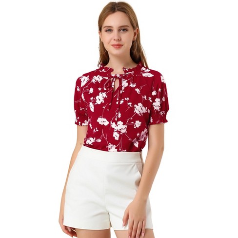Allegra K Women's Ruffle Tie V-neck Casual Smocked Short Sleeve Floral ...