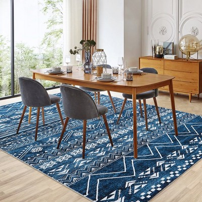 Moroccan Area Rug, Super Soft Ultra-Thin Boho Indoor Floor Carpet, Anti-Slip Foldable Machine Washable Geometric Rug,Blue