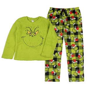 Seven Times Six Dr. Seuss Women's The Grinch Santa Fleece Buffalo Plaid Sleep Pajama 2PC Set - 1 of 4