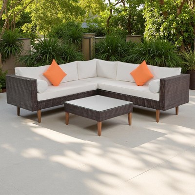 4-Pieces Outdoor Wicker L-Shaped Sectional Sofa Set with Coffee Table and Colorful Pillows