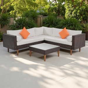4-Pieces Outdoor Wicker L-Shaped Sectional Sofa Set with Coffee Table and Colorful Pillows - 1 of 4
