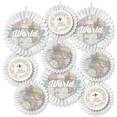 Big Dot of Happiness World Awaits - Hanging Travel Themed Party Tissue Decoration Kit - Paper Fans - Set of 9
