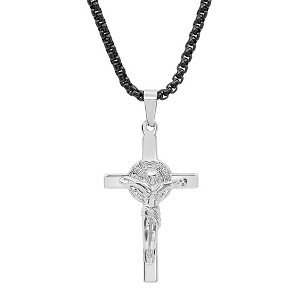 Steeltime 24" two tone stainless steel and black ip saint benedict crucifix pendant - 1 of 4