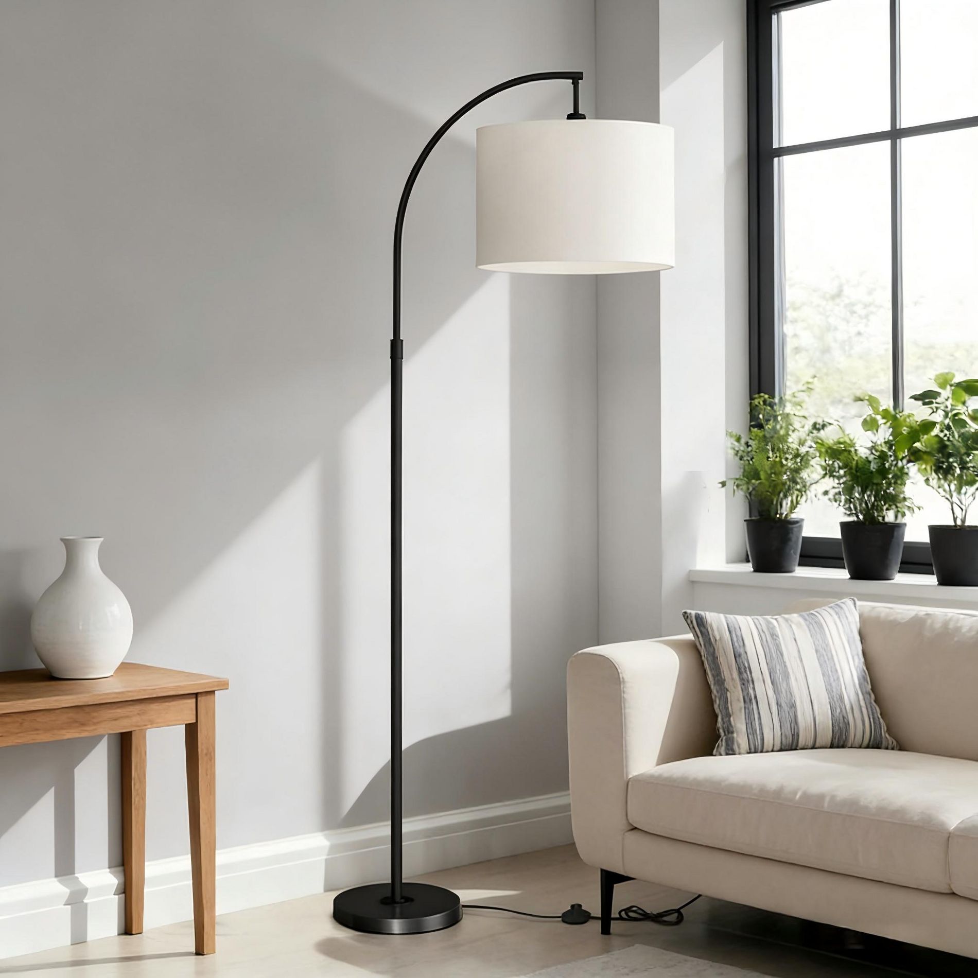 LOVSON Lighting, 65"h, Floor Lamp, Black Metal, Ivory / Cream Shade, Contemporary