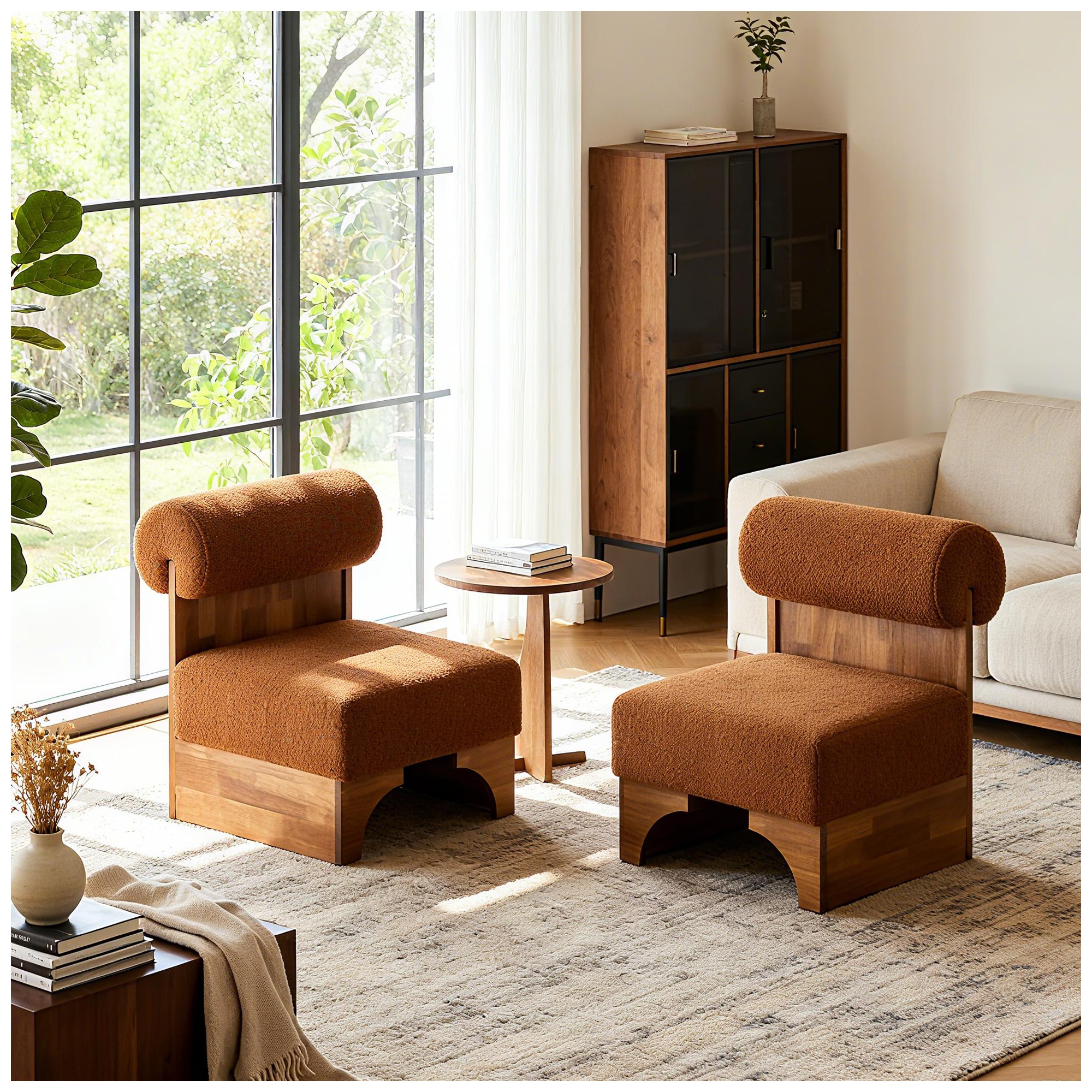 Christopher Knight Home Pedro Rubberwood Boucle Upholstered Accent Chair with Rolled Backrest, Set of 2, Brown