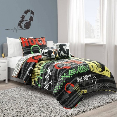 4pc Twin XL Rock N Roll Quilt Set Black - Lush Décor