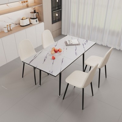 NicBex 47"-63" Dining Table Set for 4 Modern Extendable White Dining Table with 4 Chairs for Dining Room, Beige