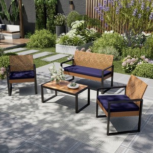 Captiva Designs Outdoor Patio 4 Pieces Wicker Porch Furniture Small Rattan Couch Set with Wood Table for Backyard - 1 of 4