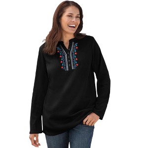 Woman Within Women's Plus Size Embroidered Thermal Henley Tee - 1 of 4