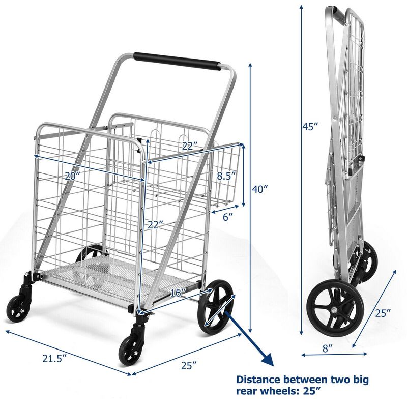 Costway Heavy Duty Folding Shopping Cart Utility Jumbo Double Basket 330lbs, 3 of 13