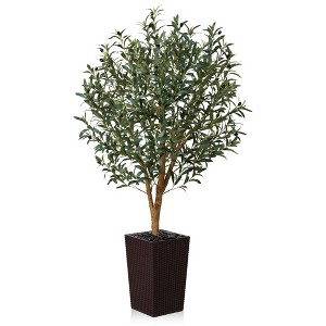 DR.Planzen 72" Artificial Olive Tree with Real Wood Branches - 6FT UV Resistant Indoor/Outdoor Fake Plant in 15.7" Planter (B/W/Coffee) - 1 of 4
