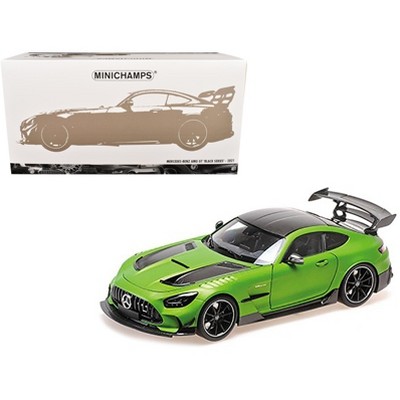 2021 Mercedes-Benz AMG GT Black Series Matt Green Metallic with Black Top and Hood Stripes 1/18 Diecast Model Car by Minichamps