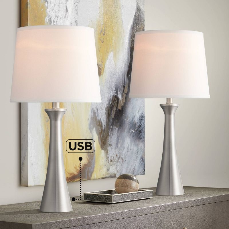 360 Lighting Junior 24" High Small Modern Table Lamps Set of 2 USB Port Silver Brushed Nickel Finish Metal White Shade Living Room Charging Bedroom, 2 of 10