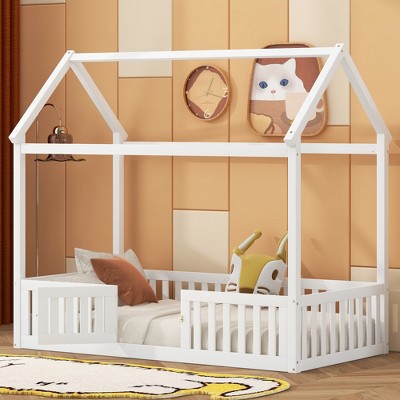ALEXOUN Wood House Bed with Fence and Door, Wooden Bed Frame with Roof for Teens, Boys or Girls, for Bedroom Apartments