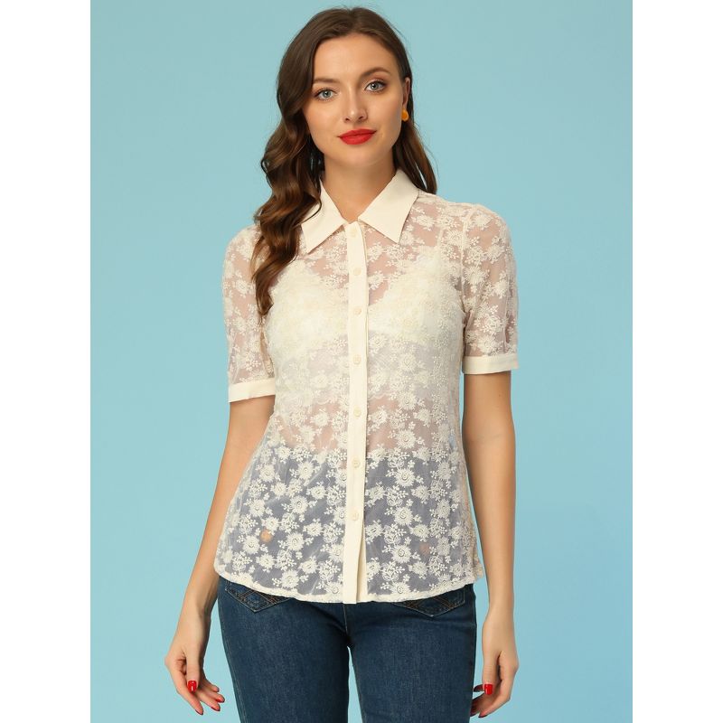 Allegra K Women's Floral Lace Shirt Short Sleeve Semi Sheer Button Down Blouse, 5 of 7