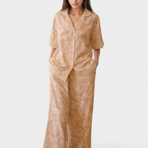 Anna-Kaci Lounge Women's Floral Lace Trim Pajama Set Short Sleeve Button Top with Matching Wide Leg Lounge Pants - 1 of 4