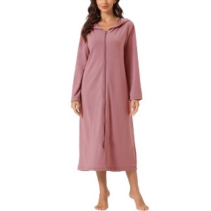 cheibear Women's Zip Up Sweatshirt Robe Hooded Long House Coat Bathrobe Fall Winter - 1 of 4