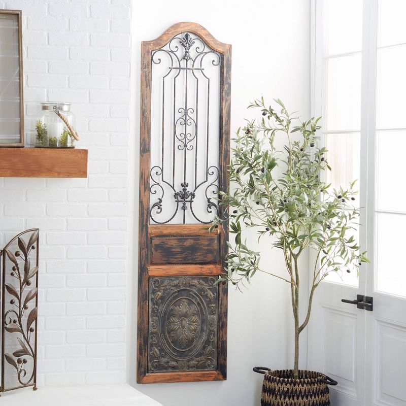 Wood Scroll Distressed Door Inspired Ornamental Wall Decor with Metal Wire Details Brown - Olivia &#38; May, 3 of 22
