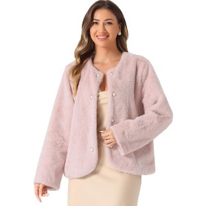 Allegra K Women's Faux Fur Long Sleeve Pockets Pearl Button Fluffy Cropped Cardigan Outerwear - 1 of 4