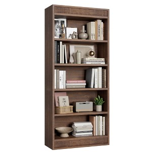 71" Farmhouse Bookcase w/ Double Fluted Design, 5 Tier Tall Bookshelf with Wooden Base, Rustic Vintage Wooden Bookshelf for Office Library - 1 of 4