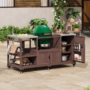 Bella Depot 75.4" Outdoor Kitchen Island with Sink, Solid Wood Outdoor Grill Cart for Big Green Egg Grills, Rolling Outdoor Bar Cart - 1 of 4