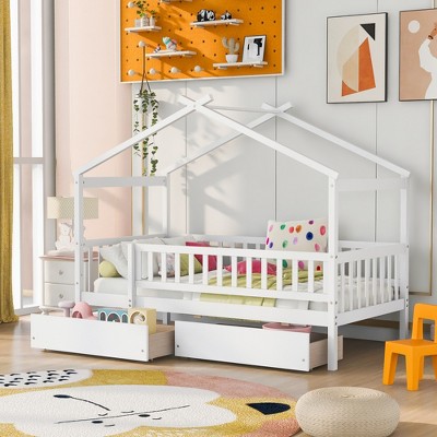 ALEXOUN Twin Size Kids Wooden Tent Bed with 2 Storage Drawers and Rails and Roof,for Kids Teens Girls & Boys,No Box Spring Needed