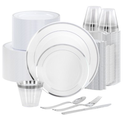 Elama 150 Piece Disposable Plastic Dinnerware Party Set for 25 Guests in White with Silver Trim