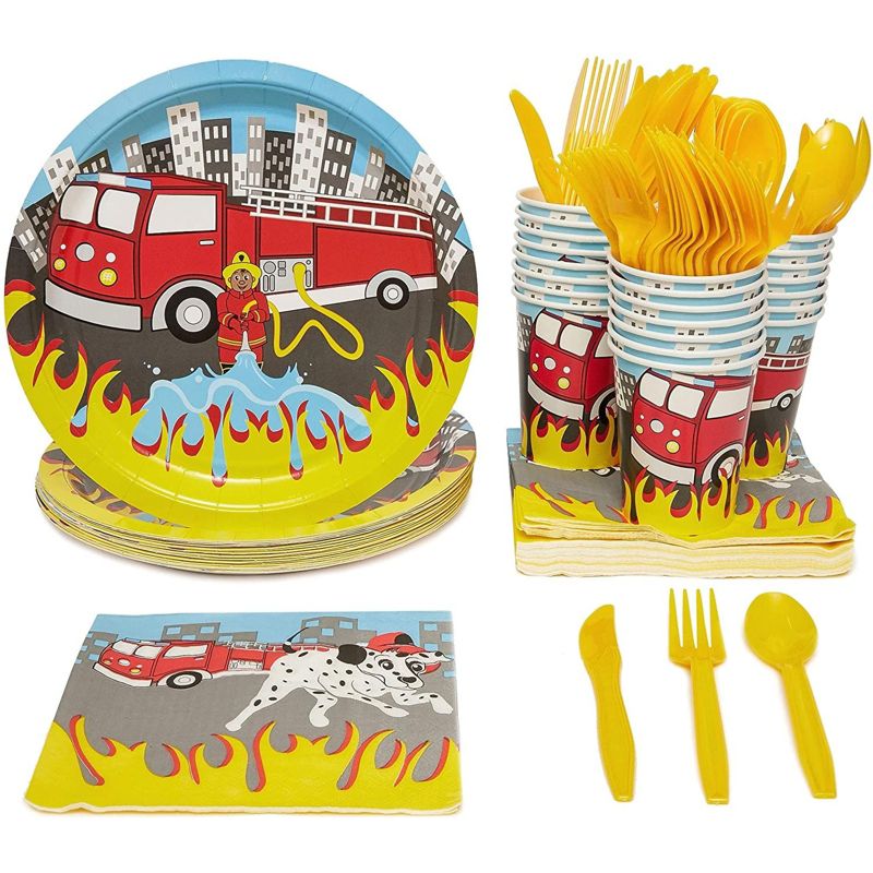 Juvale Fire Truck Party Supplies Paper Plates Cutlery (Set of 24), 1 of 8