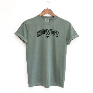 Simply Sage Market Women's Embroiderd Howdy Bull Varsity Short Sleeve Garment Dyed Tee - 1 of 3