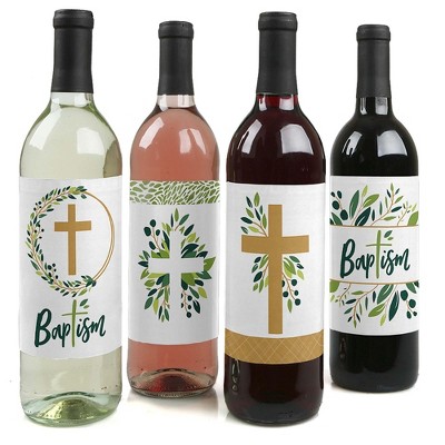 Big Dot of Happiness Baptism Elegant Cross - Religious Party Decorations for Women and Men - Wine Bottle Label Stickers - Set of 4