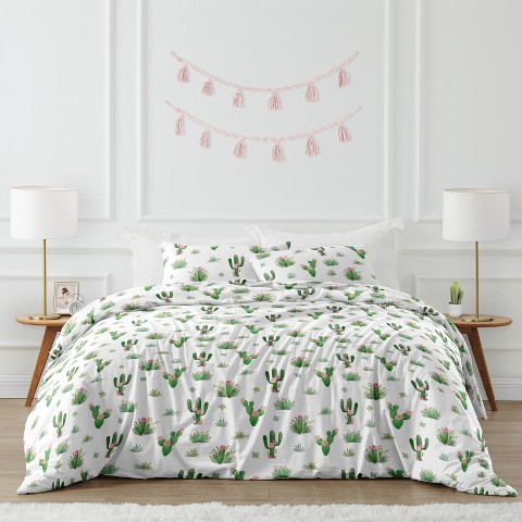Sweet Jojo Designs Girl Full/Queen Comforter Bedding Set Cactus Floral Pink Green and White 3pc