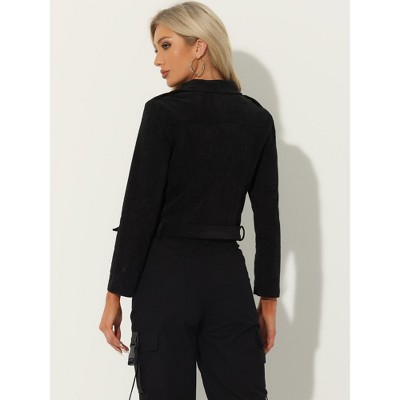 Allegra K Women's Notched Lapel Zip Up Long Sleeve Motorcycle Corduroy Jacket Medium Black — фото 4