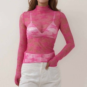 Women’s Floral Lace Slim-Fit Top – Sheer Stretch Tee with Baby Overlock Edge, Sexy & Versatile Cherie Code - 1 of 4