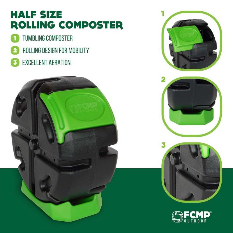 FCMP Outdoor RC2000WB-GRN 19-Gal 2.5 cu ft Plastic Resin Single Chamber Half Size Rolling Composter Outdoor Rotating Garden Compost Bin, 3 of 7
