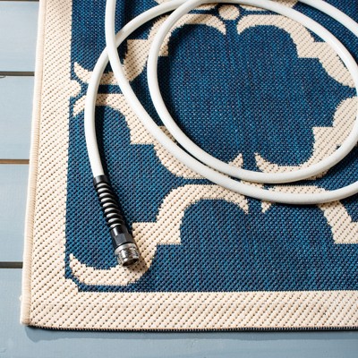 Navy and Beige 5'3" Square Synthetic Easy-Care Outdoor Rug
