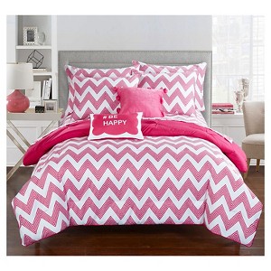 Foxville Pinch Pleated and Ruffled Chevron Print Reversible Comforter Set 9 Piece (Full) Fuchsia - Chic Home Design, Pink