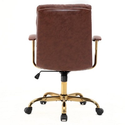 Walnut Brown Leather Executive Swivel Office Chair with Gold Base