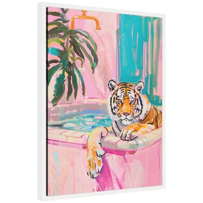 Kate & Laurel All Things Decor 18"x24" Sylvie Tiger Bathtub Vibrant Dopamine Decor Framed Canvas by Honey Island Studio White