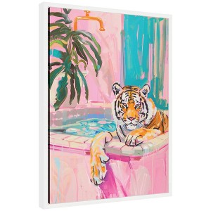 Kate & Laurel All Things Decor 18"x24" Sylvie Tiger Bathtub Vibrant Dopamine Decor Framed Canvas by Honey Island Studio White - 1 of 4