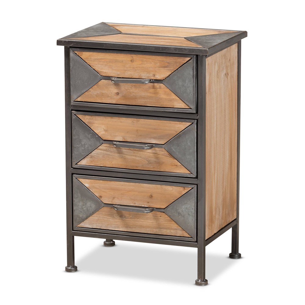 Photos - Storage Сabinet Laurel Wood 3 Drawer Nightstand Gray/Brown - Baxton Studio: Antique Metal